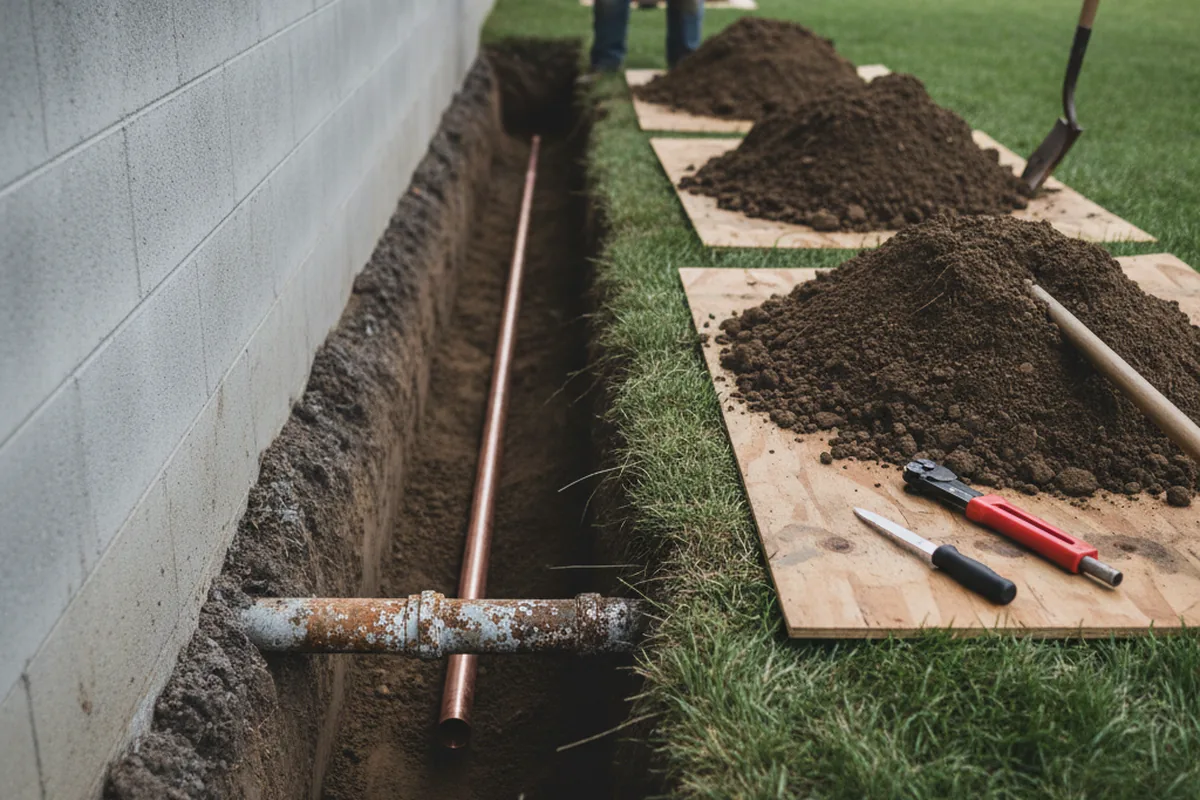 Excavated water line trench during Sewer Line Repair in Vestaburg